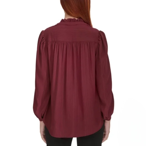 DKNY Women's Lurex Blouse Burgandy Long Sleeve Ruffle Top  NWOT - Picture 6 of 14